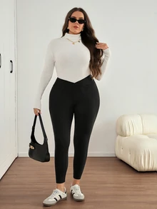 SHEIN LUNE Plus Size Casual Versatile Thermal Lined Leggings For Autumn/Winter - Black - View 4