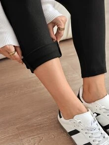 SHEIN LUNE Plus Size Casual Versatile Thermal Lined Leggings For Autumn/Winter - Black - View 8