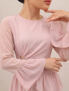 Graceveil Round Neck Bell Sleeve Cinched Waist Ruffle Hem Metal Button Top Wide Leg Pants Modest Decent Elegant Set Formal Fuchsia Pink Winter - Pink - View 7