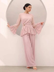 Graceveil Round Neck Bell Sleeve Cinched Waist Ruffle Hem Metal Button Top Wide Leg Pants Modest Decent Elegant Set Formal Fuchsia Pink Winter - Pink - View 8