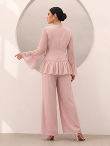 Graceveil Round Neck Bell Sleeve Cinched Waist Ruffle Hem Metal Button Top Wide Leg Pants Modest Decent Elegant Set Formal Fuchsia Pink Winter - Pink - View 3