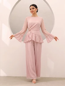 Graceveil Round Neck Bell Sleeve Cinched Waist Ruffle Hem Metal Button Top Wide Leg Pants Modest Decent Elegant Set Formal Fuchsia Pink Winter - Pink - View 10