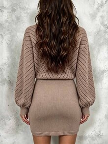 SHEIN Women's Solid Color Mini Knit Dress - Khaki - View 3