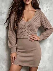 SHEIN Women's Solid Color Mini Knit Dress - Khaki - View 7