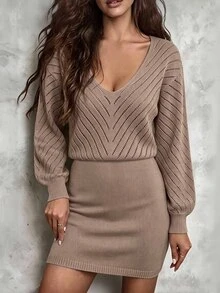 SHEIN Women's Solid Color Mini Knit Dress - Khaki - View 4
