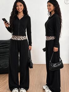SHEIN Teen Girls Solid Color Hooded Jacket & Leopard Print Patchwork Pants Set - Black - View 1