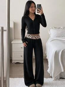 SHEIN Teen Girls Solid Color Hooded Jacket & Leopard Print Patchwork Pants Set - Black - View 2