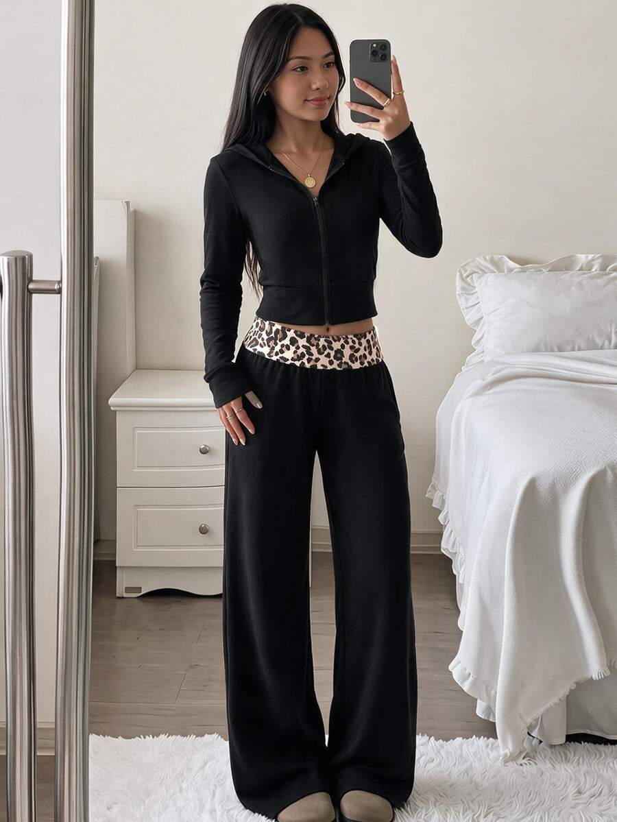 SHEIN Teen Girls Solid Color Hooded Jacket & Leopard Print Patchwork Pants Set - Black - View 1