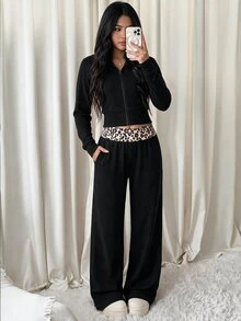 SHEIN Teen Girls Solid Color Hooded Jacket & Leopard Print Patchwork Pants Set - Black - View 3