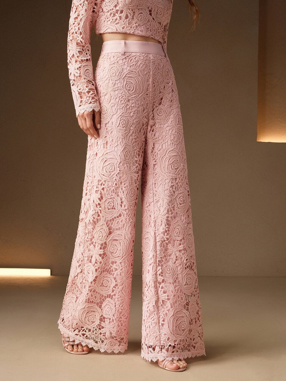 Anewsta Spring & Summer Hollow Lace Fabric Low Saturation Pink Double-Layer Loose Straight-Leg Elegant Women Pants