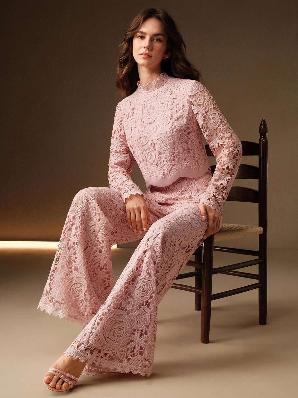 Anewsta Spring & Summer Hollow Lace Fabric Low Saturation Pink Double-Layer Loose Straight-Leg Elegant Women Pants