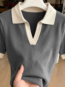 Franclia 女款春夏拼色簡約休閒學院風 Polo 領短袖修身針織上衣，度假優雅百搭翻領辦公灰色 - 灰色 - 查看 4