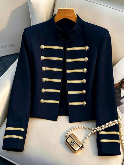 Franclia Navy Blue Napoleon-Style Blazer With Gold Trim For Autumn/Winter; Elegant, Vintage-Inspired Navy Jacket Suitable For Business, Office, Or Teaching.