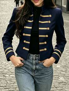 SHEIN PariChic Navy Blue Napoleon-Style Blazer With Gold Trim For Autumn/Winter; Elegant, Vintage-Inspired Navy Jacket Suitable For Business, Office, Or Teaching. - Navy Blue - View 5