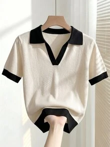 Franclia 女款春夏對比色簡約休閒法式 Polo 領短袖修身針織上衣，適合日常穿著、度假，優雅女士款 - 米色 - 查看 8