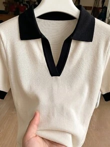 Franclia 女款春夏對比色簡約休閒法式 Polo 領短袖修身針織上衣，適合日常穿著、度假，優雅女士款 - 米色 - 查看 6