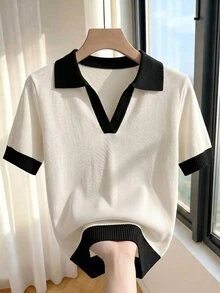Franclia 女款春夏對比色簡約休閒法式 Polo 領短袖修身針織上衣，適合日常穿著、度假，優雅女士款 - 米色 - 查看 3