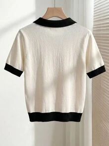 Franclia 女款春夏對比色簡約休閒法式 Polo 領短袖修身針織上衣，適合日常穿著、度假，優雅女士款 - 米色 - 查看 2