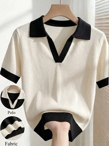 Franclia 女款春夏對比色簡約休閒法式 Polo 領短袖修身針織上衣，適合日常穿著、度假，優雅女士款 - 米色 - 查看 7