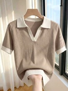 SHEIN 女款春夏拼色簡約休閒珠飾 Polo 領短袖修身針織上衣，適合日常穿著、教師節、辦公室，白色 - 摩卡棕 - 查看 3