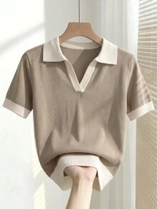 SHEIN 女款春夏拼色簡約休閒珠飾 Polo 領短袖修身針織上衣，適合日常穿著、教師節、辦公室，白色 - 摩卡棕 - 查看 5