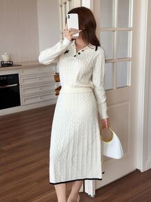 Feyla Cream White Contrast Color Collared Embroidered Pony Sweater & Skirt Knit Two Pieces Set, Gentle Commuter Style - Beige - View 5