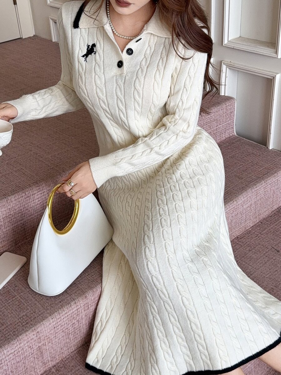 Feyla Cream White Contrast Color Collared Embroidered Pony Sweater & Skirt Knit Two Pieces Set, Gentle Commuter Style - Beige - View 1