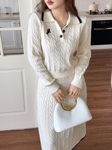 Feyla Cream White Contrast Color Collared Embroidered Pony Sweater & Skirt Knit Two Pieces Set, Gentle Commuter Style - Beige - View 3