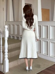 Feyla Cream White Contrast Color Collared Embroidered Pony Sweater & Skirt Knit Two Pieces Set, Gentle Commuter Style - Beige - View 7
