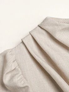 青少年女孩優雅素色卡其色長袖燈籠袖洋裝，秋冬度假遊牧風長洋裝 - 卡其色 - 查看 4
