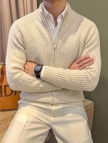 Manfinity CasualKnits 男士百搭時尚長袖拉鍊針織毛衣 - 杏色 - 查看 1
