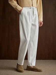 Manfinity Homme Formal Men's Suit Pants, All-Over Striped Print, Drawstring Waist, Slanted Pocket Design, Casual Tropical Minimalist Style, White Summer - Apricot - View 7