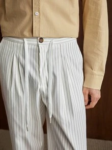 Manfinity Homme Formal Men's Suit Pants, All-Over Striped Print, Drawstring Waist, Slanted Pocket Design, Casual Tropical Minimalist Style, White Summer - Apricot - View 5