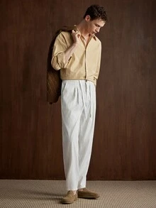 Manfinity Homme Formal Men's Suit Pants, All-Over Striped Print, Drawstring Waist, Slanted Pocket Design, Casual Tropical Minimalist Style, White Summer - Apricot - View 6