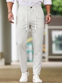 Manfinity Homme Formal Men's Suit Pants, All-Over Striped Print, Drawstring Waist, Slanted Pocket Design, Casual Tropical Minimalist Style, White Summer - Apricot - View 1
