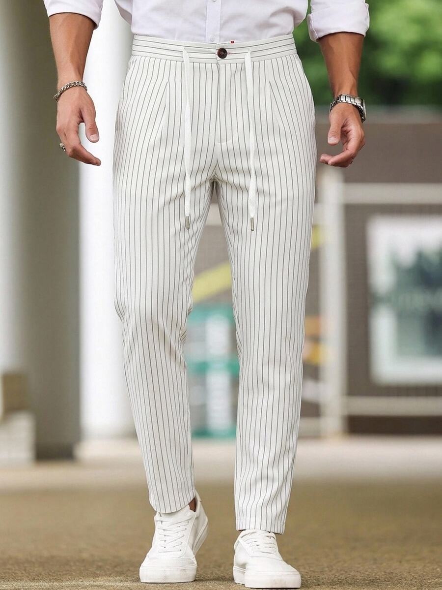 Manfinity Homme Formal Men's Suit Pants, All-Over Striped Print, Drawstring Waist, Slanted Pocket Design, Casual Tropical Minimalist Style, White Summer - Apricot - View 1