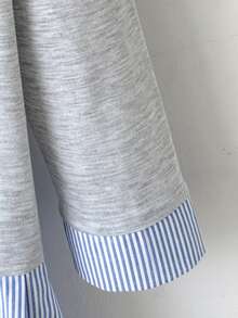SHEIN Kids Girls Casual Bowknot Print Blue & White Striped Colorblock Patchwork Mid-Length Loose A-Line Dress, College Style Back To School Dress - Light Grey - View 8