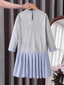 SHEIN Kids Girls Casual Bowknot Print Blue & White Striped Colorblock Patchwork Mid-Length Loose A-Line Dress, College Style Back To School Dress - Light Grey - View 6