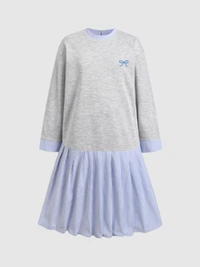 SHEIN Kids Girls Casual Bowknot Print Blue & White Striped Colorblock Patchwork Mid-Length Loose A-Line Dress, College Style Back To School Dress - Light Grey - View 10