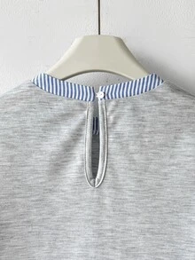 SHEIN Kids Girls Casual Bowknot Print Blue & White Striped Colorblock Patchwork Mid-Length Loose A-Line Dress, College Style Back To School Dress - Light Grey - View 11