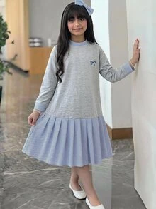 SHEIN Kids Girls Casual Bowknot Print Blue & White Striped Colorblock Patchwork Mid-Length Loose A-Line Dress, College Style Back To School Dress - Light Grey - View 3