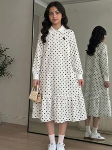 SHEIN 兒童青少年女孩對比色白色POLO領黑白波點Logo印花長袖寬鬆A字連身裙 優雅學院風 - 黑與白 - 查看 5