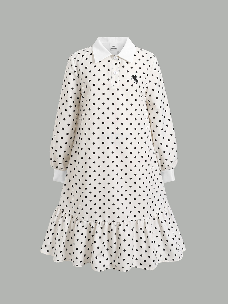 SHEIN Đầm dáng chữ A tay dài dáng rộng cho bé gái tuổi teen, cổ POLO trắng, họa tiết chấm bi đen trắng phối logo, phong cách thanh lịch preppy - Đen và trắng - Xem 10