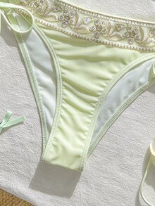 Swim Vcay 春夏陽光沙灘 2 件式泳衣套裝，純色亮片刺繡，編織細肩帶，掛脖領，側綁帶三角比基尼泳褲，女款泳衣 - 彩色 - 查看 4