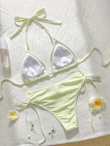 Swim Vcay 春夏陽光沙灘 2 件式泳衣套裝，純色亮片刺繡，編織細肩帶，掛脖領，側綁帶三角比基尼泳褲，女款泳衣 - 彩色 - 查看 7