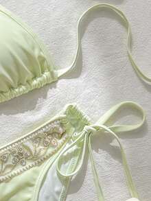 Swim Vcay 春夏陽光沙灘 2 件式泳衣套裝，純色亮片刺繡，編織細肩帶，掛脖領，側綁帶三角比基尼泳褲，女款泳衣 - 彩色 - 查看 5