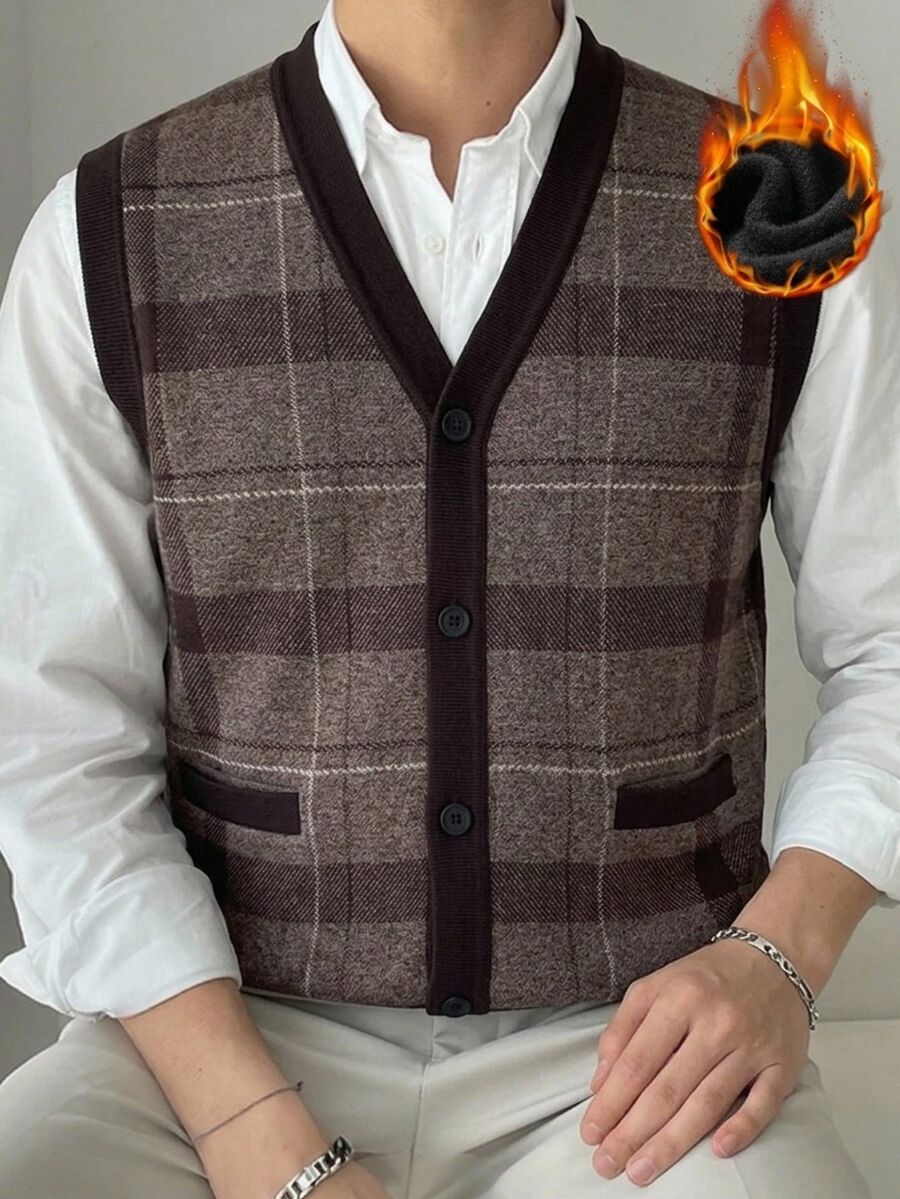 Manfinity Homme Old Money 街頭風 90 年代男士春秋格子棕色針織背心,美式休閒風格,適合度假、辦公室、教師穿著的格子背心 - 咖啡棕 - 查看 1
