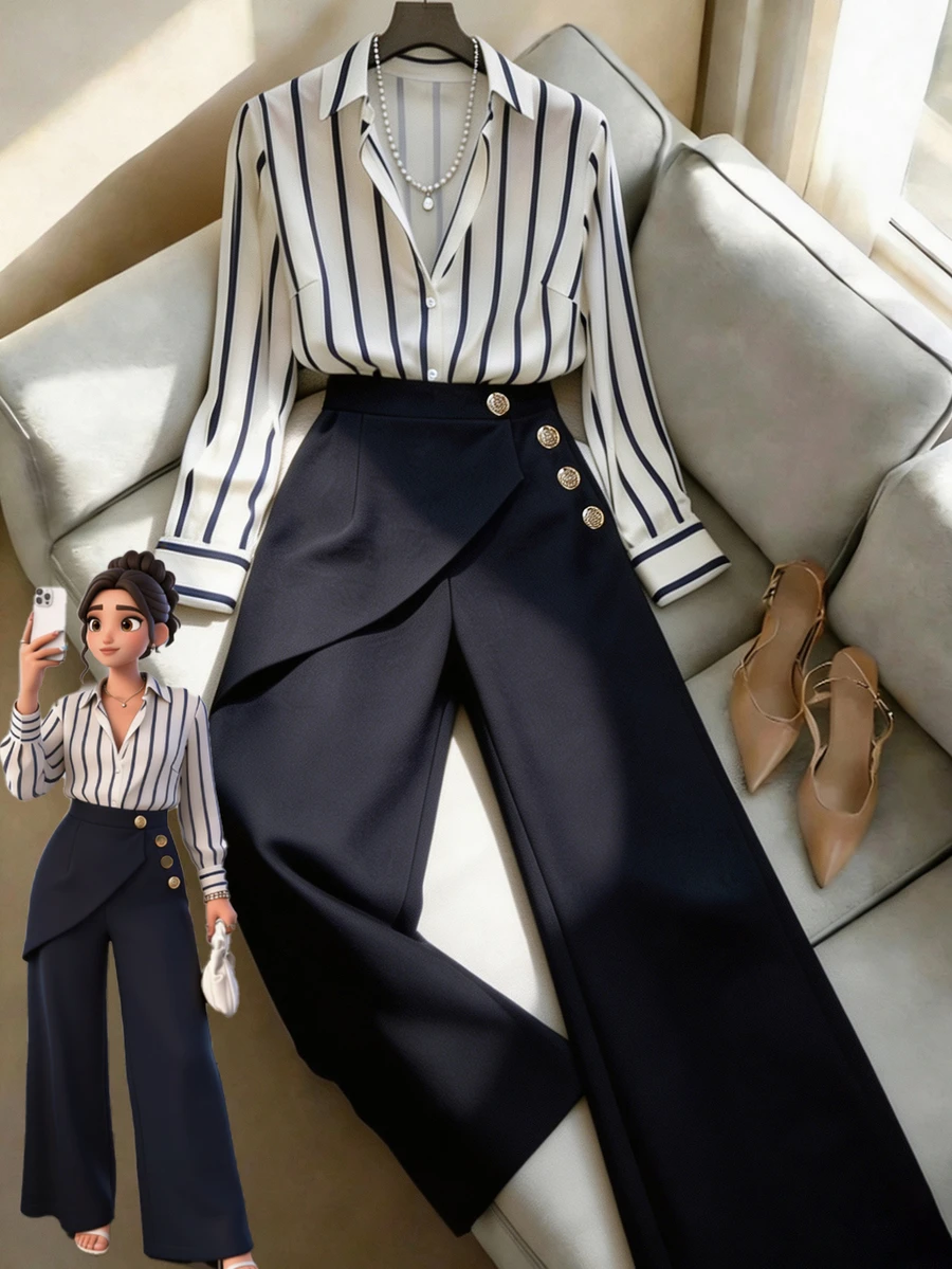 GlowEve CURVE Women's Collared Button Long Sleeve Shirt + Solid Color Wide Leg Pants, Elegant Striped Two Pieces Set Fall - Blue and White - View 1