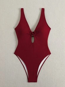 SHEIN Swim Swim Vcay 新款女款夏季細肩帶綴珠露背紋理提花面料深V領性感海灘度假連身泳衣 - 酒紅色 - 查看 5