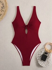 SHEIN Swim Swim Vcay 新款女款夏季細肩帶綴珠露背紋理提花面料深V領性感海灘度假連身泳衣 - 酒紅色 - 查看 3